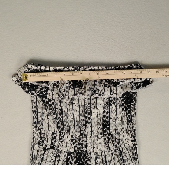 OP Cotton Modal Off Shoulder Smocked Ruffle Dress Black White Print‎ S 3-5 - Picture 6 of 8